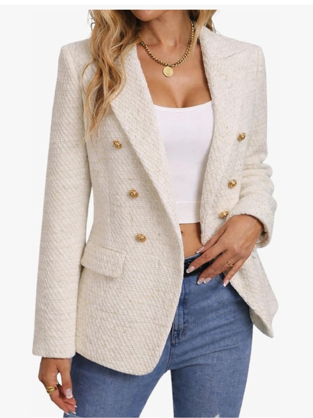Cream Double-Breasted Tweed Blazer Jacket